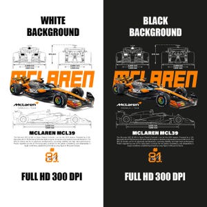 Puede incluir: Un póster con un coche de Fórmula 1 McLaren MCL39 en naranja y negro, con dibujos técnicos y la palabra "McLaren" en letras grandes de color naranja. El póster incluye el texto "FULL HD 300 DPI".