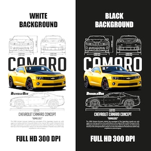 Puede incluir: Gráfico de un Chevrolet Camaro amarillo con capó negro, etiquetado como "Bumblebee". La imagen incluye vistas frontal y lateral, junto con texto que describe las características e historia del coche. El texto también incluye "FULL HD 300 DPI."