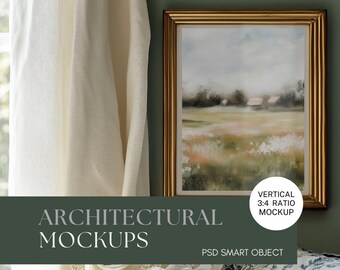Op de afbeelding: Een gouden ingelijst schilderij van een landschap met een veld vol bloemen en een huis in de verte. Het schilderij hangt aan een groene muur met witte gordijnen op de achtergrond. De tekst "VERTICAL 3:4 RATIO MOCKUP" en "PSD SMART OBJECT" is zichtbaar onder het schilderij.