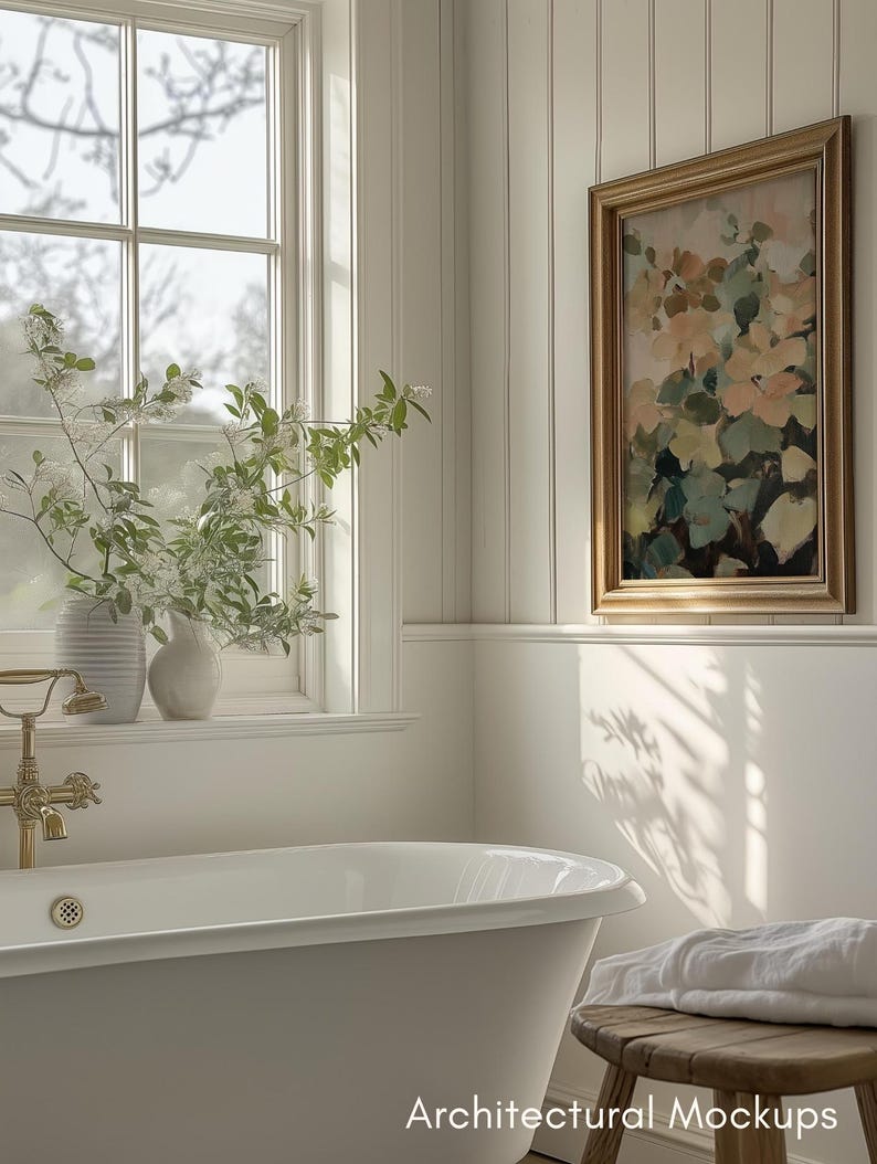 PSD Wall art Mockup Bathroom Farmhouse Frame Mockup PSD Wall art Mockup Smart Object Mockup Vertical Cottagecore Decor Print Mockup Vintage