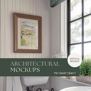 PSD Wall art Mockup Bathroom Farmhouse Frame Mockup PSD Wall art Mockup Smart Object Mockup Vertical Farmhouse Decor Print Mockup Vintage