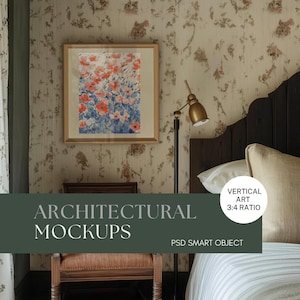 PSD Wall art Mockup Cottagecore Bedroom Vertical Wall Frame Mockup PSD Wall art Mockup Smart Object Mockup Farmhouse Print Mockup