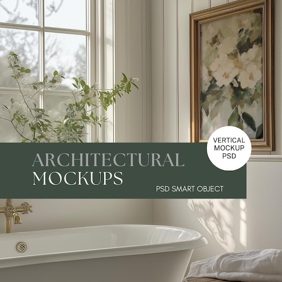 PSD Wall art Mockup Bathroom Farmhouse Frame Mockup PSD Wall art Mockup Smart Object Mockup Vertical Cottagecore Decor Print Mockup Vintage
