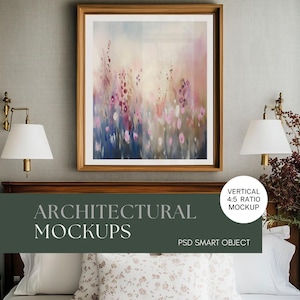 PSD Wall art Mockup Cottagecore Vertical Wall wooden Frame Mockup PSD Wall art Mockup Smart Object Mockup Farmhouse Bedroom Print Mockup