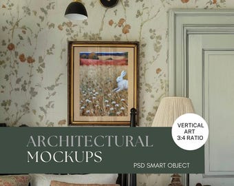 PSD Wall art Mockup Cottagecore Vertical Wall Golden Frame Mockup PSD Wall art Mockup Smart Object Mockup Farmhouse Bedroom Print Mockup