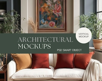 Maqueta de marco vertical para sofá de sala de estar moderna, maqueta de arte de pared PSD