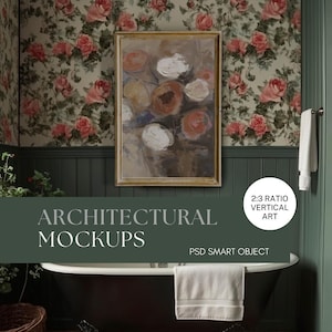 PSD Wall art Mockup Bathroom Farmhouse Frame Mockup PSD Wall art Mockup Smart Object Mockup Vertical Cottagecore Decor Print Mockup Vintage