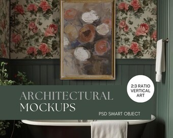 May include: An abstract floral painting in a gold frame hangs on a wall with rose-patterned wallpaper. The bathroom setting includes a dark bathtub, a white towel, and the text "ARCHITECTURAL MOCKUPS" and "2:3 RATIO VERTICAL ART".