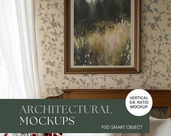 Maquete de arte de parede rústica para sala de estar, moldura vertical (download em PSD)