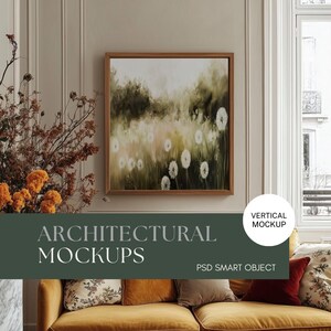 PSD Wall art Mockup Living room wooden Frame Mockup PSD Wall art Mockup Smart Object Mockup Vertical Cottagecore Decor Print Mockup Vintage