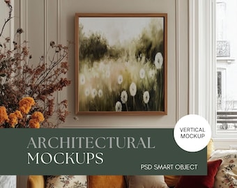 Maqueta de arte mural para sala de estar estilo cottagecore, marco vertical vintage (PSD)