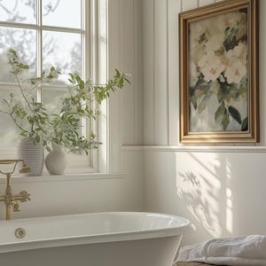 PSD Wall art Mockup Bathroom Farmhouse Frame Mockup PSD Wall art Mockup Smart Object Mockup Vertical Cottagecore Decor Print Mockup Vintage