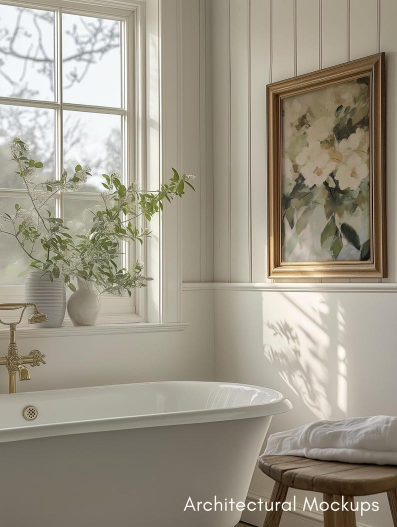PSD Wall art Mockup Bathroom Farmhouse Frame Mockup PSD Wall art Mockup Smart Object Mockup Vertical Cottagecore Decor Print Mockup Vintage