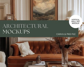 Puede incluir: Un sofá de cuero marrón con un cojín blanco en una sala de estar con una pintura enmarcada en la pared, una mesa de café con un jarrón de flores secas y un objeto de piedra decorativo. El texto "ARCHITECTURAL MOCKUPS" se muestra en un fondo verde con el texto "CANVA & PNG FILE" y "VERTICAL WALL ART MOCKUP" en el lado derecho de la imagen.