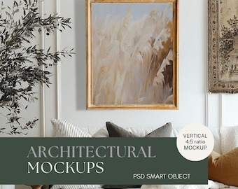 Mockup de moldura para sala de estar estilo boho rústico: Moldura dourada vertical 4x5 (PSD)