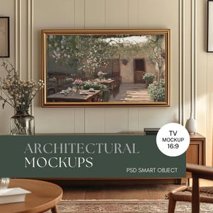 May include: A framed landscape painting with a gold frame hangs above a dark green cabinet. The painting depicts a restaurant scene with tables and chairs. The text "ARCHITECTURAL MOCKUPS" is displayed on the cabinet.