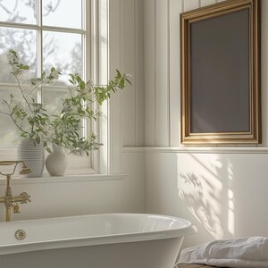 PSD Wall art Mockup Bathroom Farmhouse Frame Mockup PSD Wall art Mockup Smart Object Mockup Vertical Cottagecore Decor Print Mockup Vintage