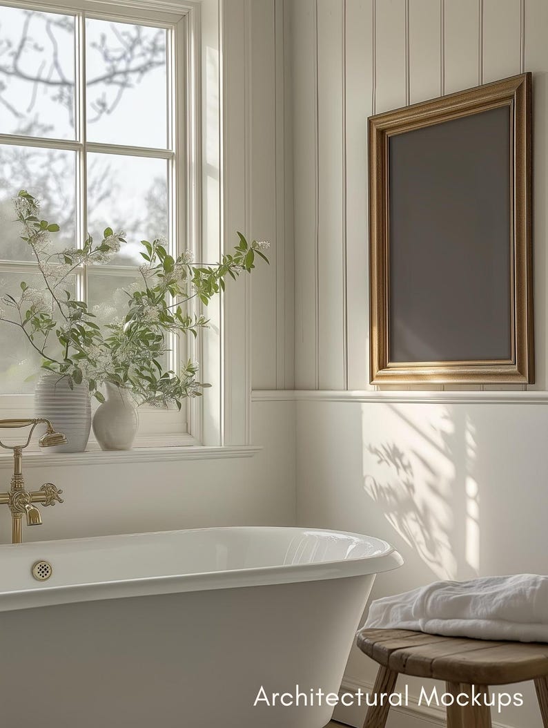 PSD Wall art Mockup Bathroom Farmhouse Frame Mockup PSD Wall art Mockup Smart Object Mockup Vertical Cottagecore Decor Print Mockup Vintage