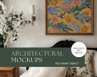 Farmhouse Bedroom Wall Art Mockup, Vintage Horizontal Frame (PSD)