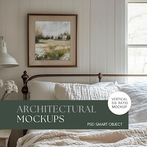 PSD Wall art Mockup Bedroom Farmhouse Frame Mockup PSD Wall art Mockup Smart Object Mockup Vertical Cottagecore Decor Print Mockup Vintage