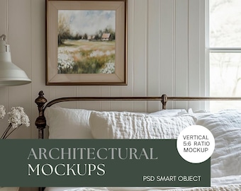 Farmhouse Bedroom Frame Mockup, Vertical Cottagecore Print (PSD)