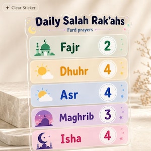 May include: Clear acrylic Daily Salah Rak'ahs chart with colorful labels for Fard prayers. The chart includes the names of the prayers: Fajr, Dhuhr, Asr, Maghrib, and Isha, with the number of Rak'ahs listed next to each.