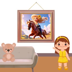 Cartoon girl on horse Wall Art | Cheerful Cartoon Style Girl l Art Print | Printable Nature Landscape | Girl Riding an Elegant Horse Print