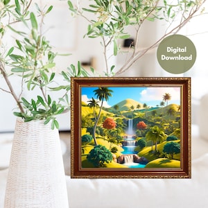 Waterfall Landscape Painting | Waterfall Nature Print | Landscape Waterfall | Waterfall Wall Art | Printable Waterfall  | Country Waterfall