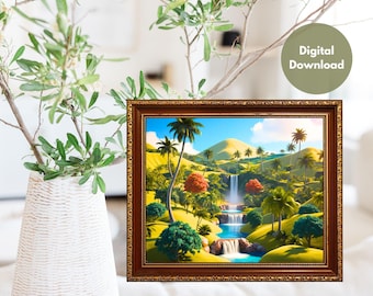 Waterfall Landscape Painting | Nature Print | Country Wall Art | Printable Waterfall