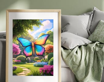 Puede incluir: Una mariposa colorida con alas azules, verdes, amarillas y naranjas vuela sobre un jardín con flores y un camino. La mariposa está enfocada, y el jardín está desenfocado en el fondo.