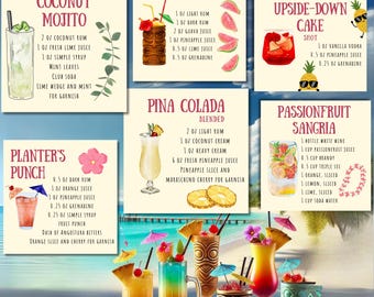 May include: A colorful illustration of 10 different summer cocktail recipes. The recipes include: Coconut Mojito, Planter's Punch, Guava Lava, Pina Colada, Pineapple Upside-Down Cake, and Passionfruit Sangria.