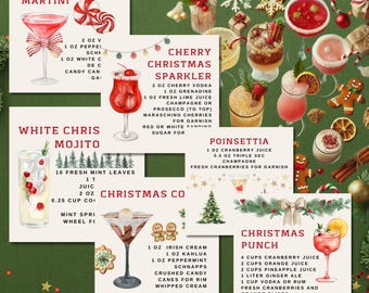 May include: A festive image showcasing watercolor illustrations of Christmas cocktails. Featured drinks include a Peppermint Martini, Cherry Christmas Sparkler, White Chris Mojito, Poinsettia, Christmas Co, and Christmas Punch. Each recipe is displayed with ingredients.