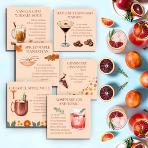以下が含まれることがあります： 秋のテーマの印刷可能なカクテルレシピカード10枚セット。カードは、カクテルと秋の紅葉の水彩画で描かれています。レシピには、各ドリンクの材料と付け合わせが含まれています。カードは秋のエンターテイメントに最適です。