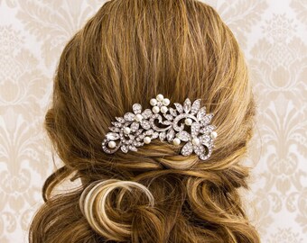 Floral Pearl Wedding Hair Comb, Bridal Hair Piece with Pearls and Crystals