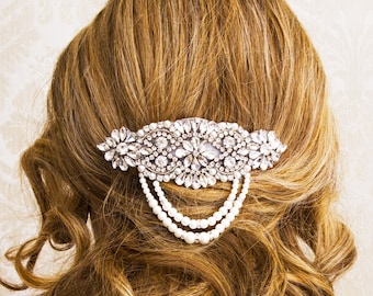 Vintage Pearl Rhinestone Hair Comb, Silvertone Bridal  display picture 3