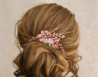 Rose Gold Bridal Comb, Pearl Wedding Hair Comb, Floral Bridal Hair Comb, Bridal Accessory, Bridal Back Piece, Wedding Back Comb
