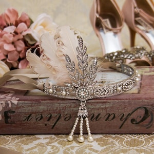 Silver Flapper Headpiece, Great Gatsby Headband with Feathers, Great Gatsby Costume Jewelry, Art Deco 1920&#39;s Accessories