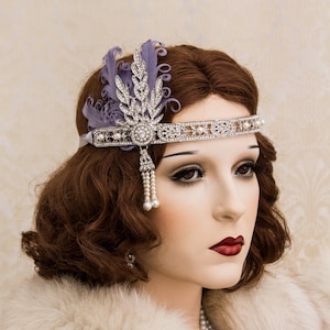 Silver Flapper Headband with Dusty Purple Feathers Great Gatsby Headband Great Gatsby Costume 1920's Headband image 1