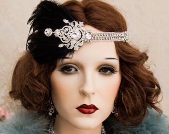 1920s Roaring Flapper Headbands, Great Gatsby Headpiece, Rhinestone Feather Headband, Gatsby Wedding Hair Accessories