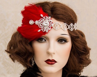 1920s Roaring Flapper Headbands, Great Gatsby Headpiece, Rhinestone Crystal Headband , Vintage Red Feather Hair Accessories