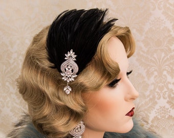 Black Feather Flapper Headband Great Gatsby Headpiece Roaring 1920s Jewelry Gatsby Accessories Art Deco Earrings