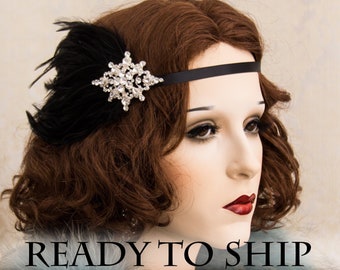 1920s Great Gatsby Headpiece 20s Soiree Flapper Headband Feather Headband Gatsby Flapper Headpiece