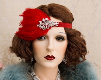 Flapper Headband Great Gatsby Headband Red Feather Flapper Headpiece Roaring 1920's Art Deco Earrings Jewelry