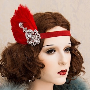 Red Feather Gatsby Headpiece: Art Deco Flapper Hair Clip
