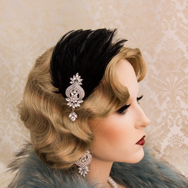 Black Feather Flapper Headband Great Gatsby Headpiece Roaring 1920s Jewelry Gatsby Accessories Art Deco Earrings