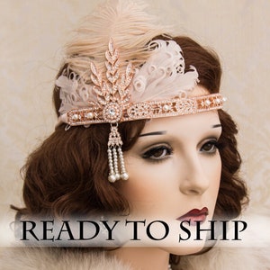 1920s Flapper Headbands Great Gatsby Headpiece Rose Gold Hair Accessories with Ostrich Feathers