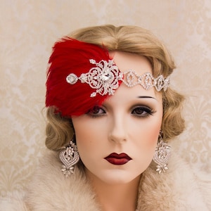 Red Feather Flapper Headband: Art Deco Crystal Headpiece