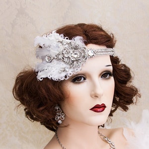 Art Deco Headband, 1920s Wedding Great Gatsby Headpiece with Off White Feathers, Great Gatsby Headband, Art Deco Wedding Flapper Hair Piece