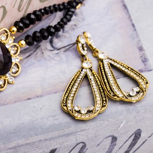 Art Deco Earrings: Crystal Antique Gold, 1920s Gatsby Jewelry