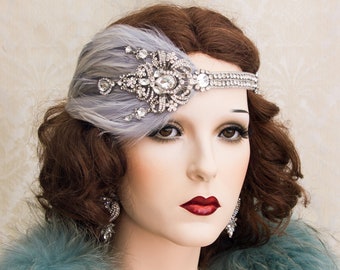 Gray Feather Headpiece with Crystal Brooch, Great Gatsby Headband, Art Deco Flapper Hair Piece